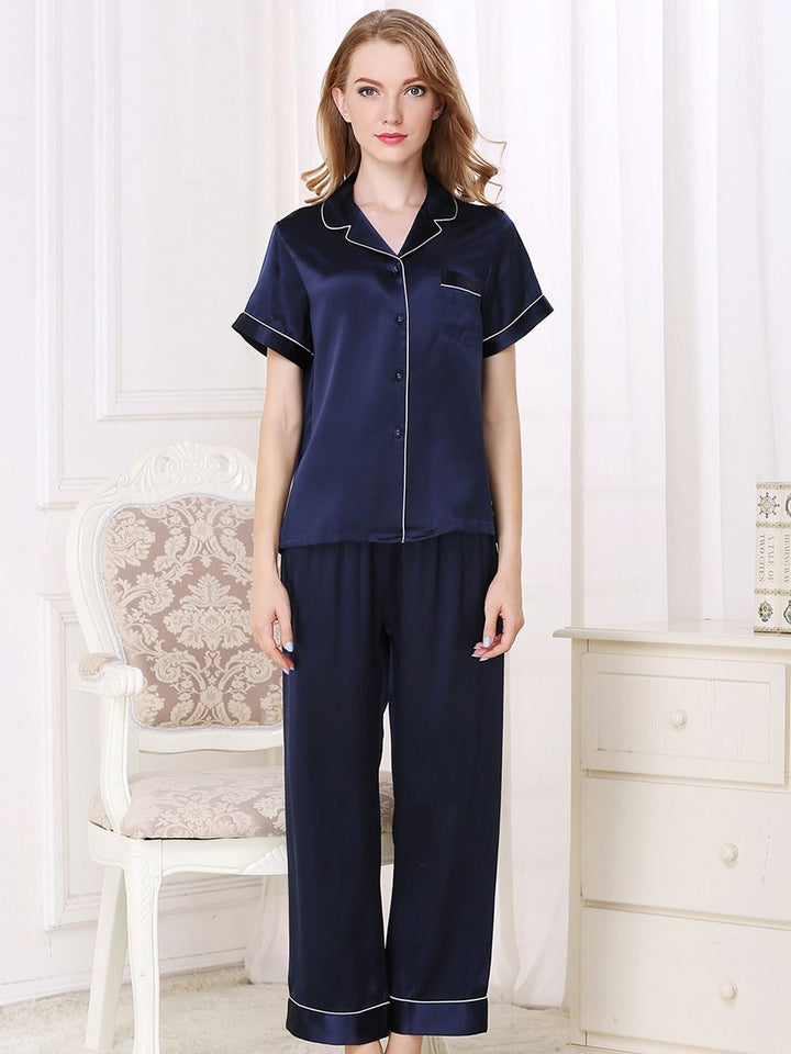 19 Momme Short Sleeved Silk Pajama Set with Trimming