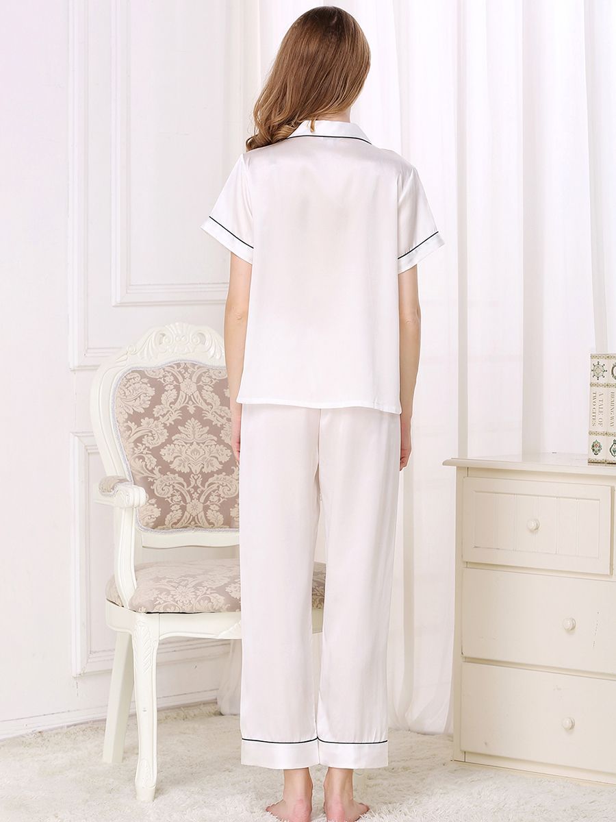 19 Momme Short Sleeved Silk Pajama Set with Trimming