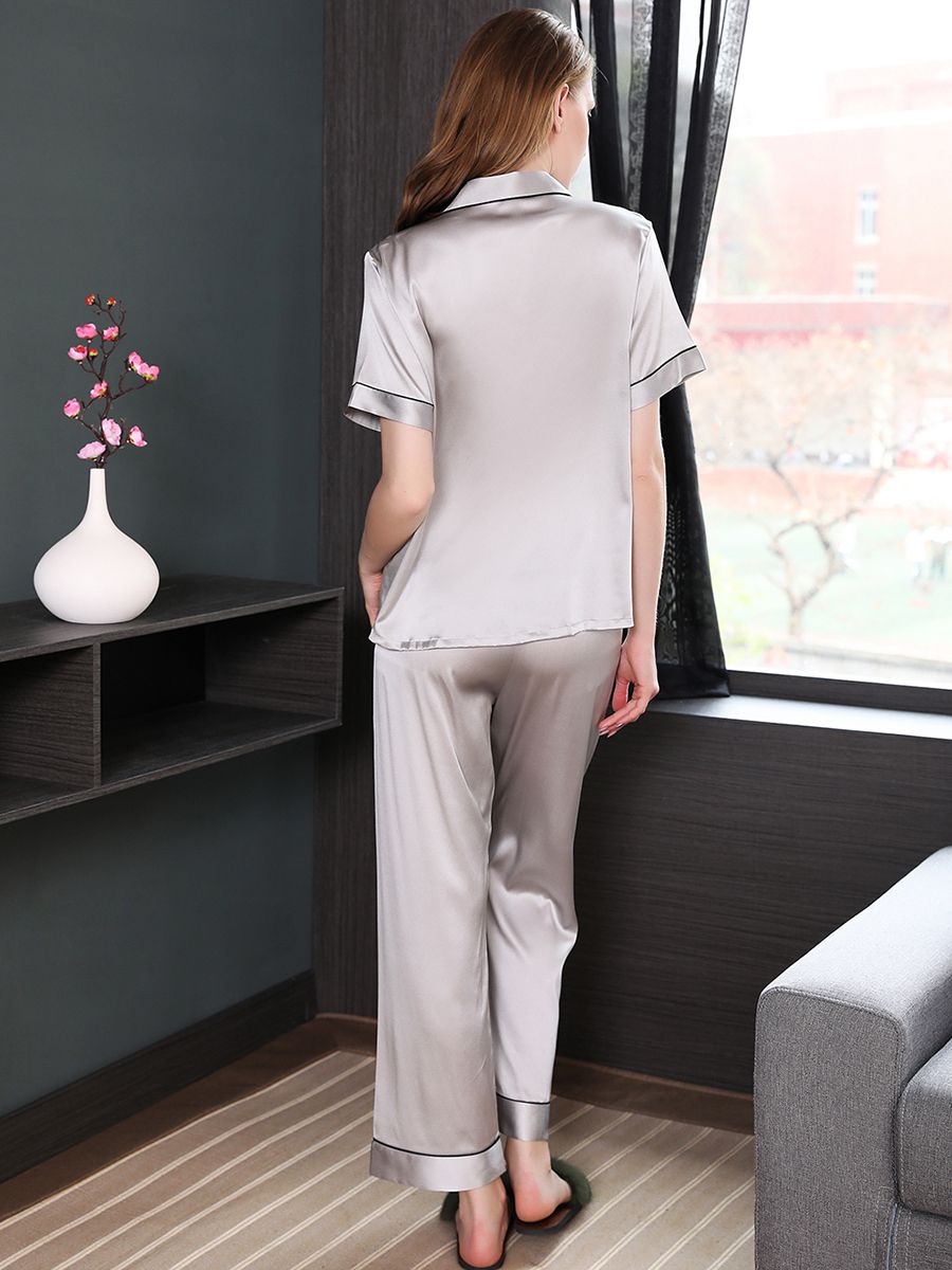 19 Momme Short Sleeved Silk Pajama Set with Trimming