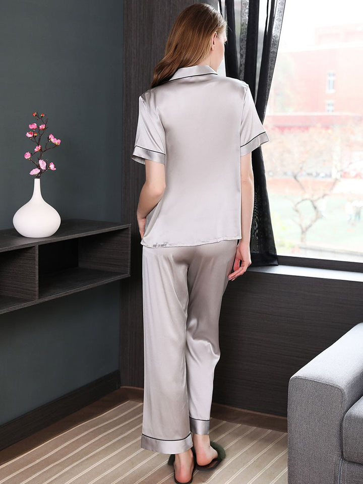 19 Momme Short Sleeved Silk Pajama Set with Trimming
