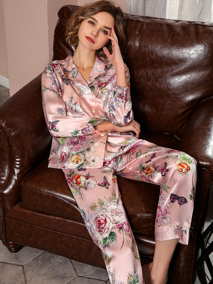 19 Momme Soft Butterflies and Flowers Printed 100% Silk Pajama Set for Women