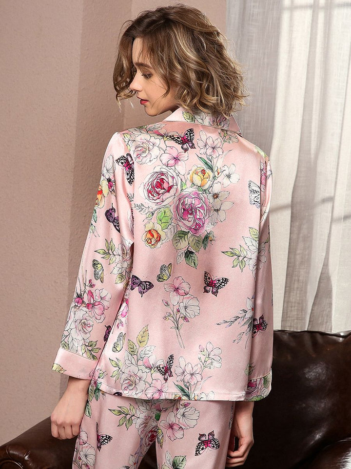 19 Momme Soft Butterflies and Flowers Printed 100% Silk Pajama Set for Women