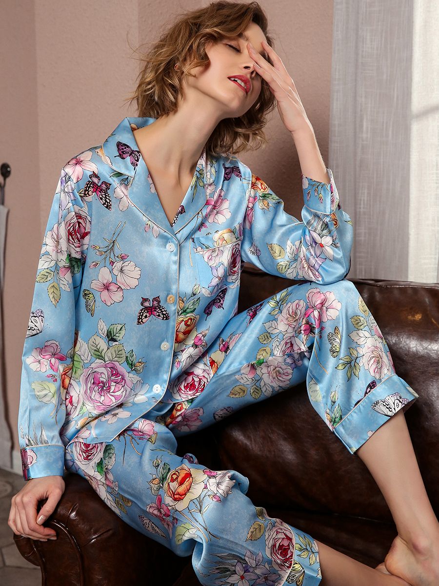 19 Momme Soft Butterflies and Flowers Printed 100% Silk Pajama Set for Women