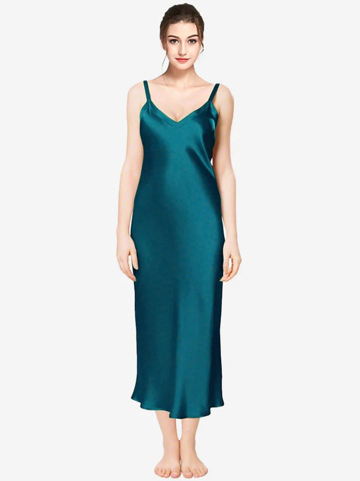 19 Momme Soft V-neck Mid-Length Silk Slip Nightgown with Wide Shoulder Straps