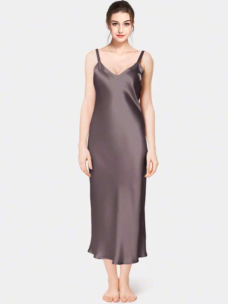 19 Momme Soft V-neck Mid-Length Silk Slip Nightgown with Wide Shoulder Straps