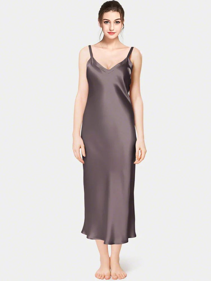 19 Momme Soft V-neck Mid-Length Silk Slip Nightgown with Wide Shoulder Straps
