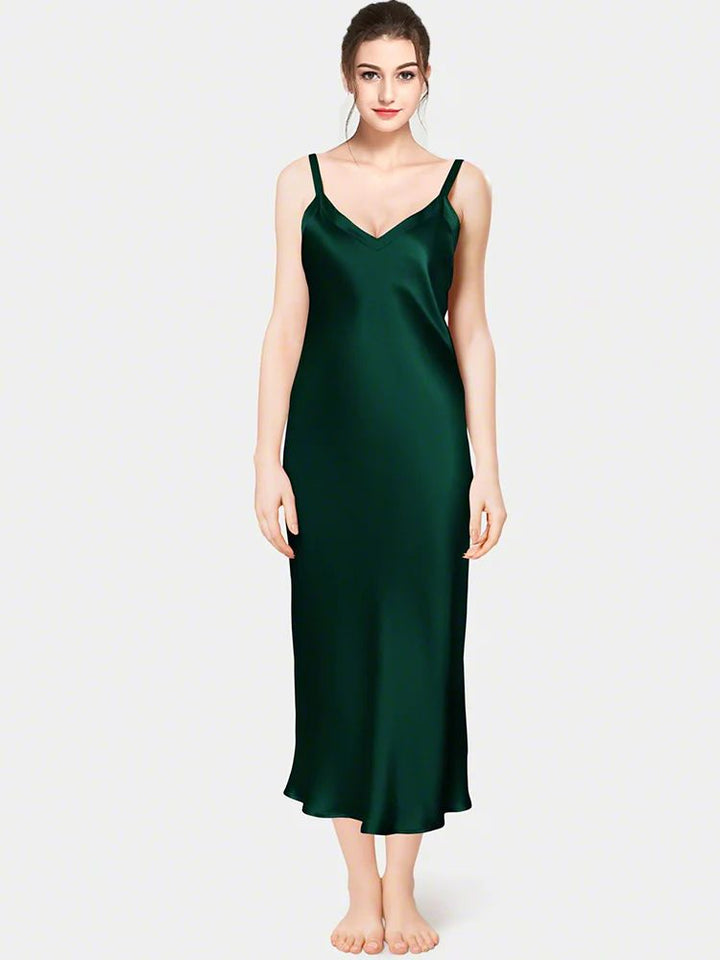19 Momme Soft V-neck Mid-Length Silk Slip Nightgown with Wide Shoulder Straps