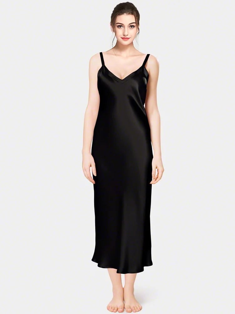 19 Momme Soft V-neck Mid-Length Silk Slip Nightgown with Wide Shoulder Straps