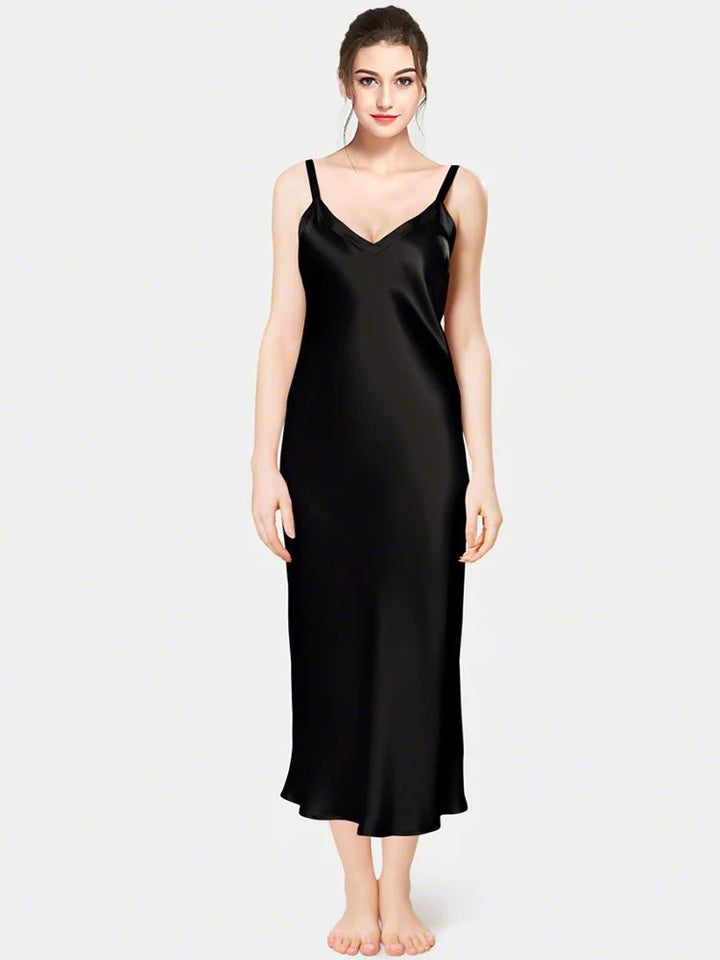 19 Momme Soft V-neck Mid-Length Silk Slip Nightgown with Wide Shoulder Straps
