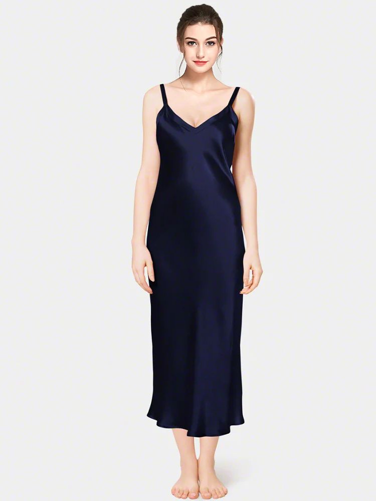 19 Momme Soft V-neck Mid-Length Silk Slip Nightgown with Wide Shoulder Straps