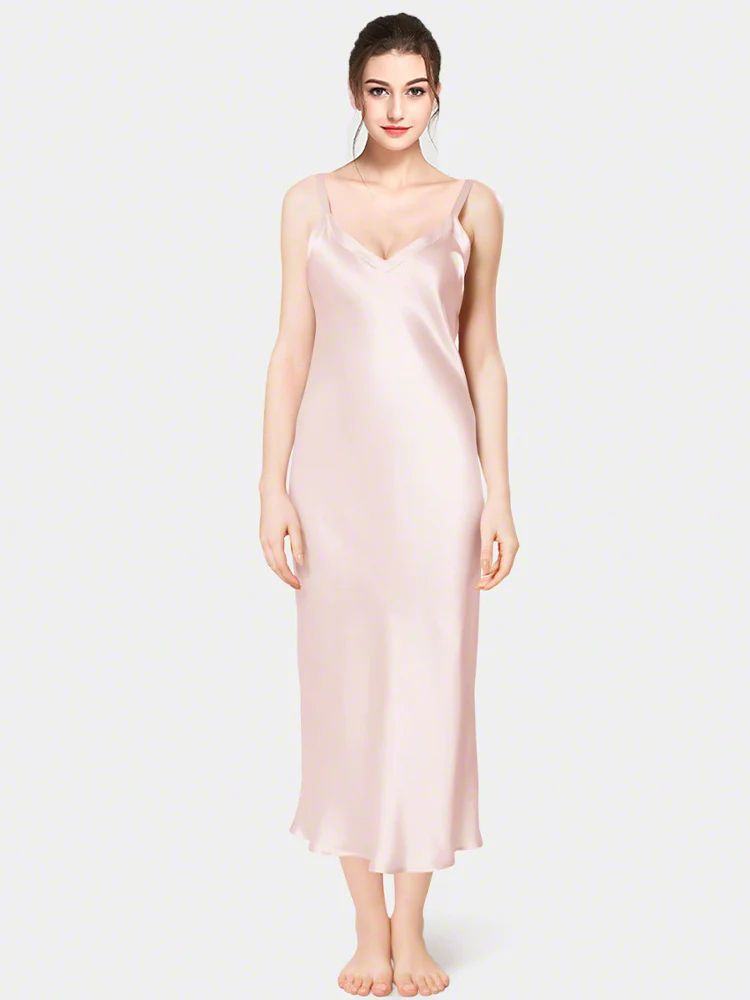 19 Momme Soft V-neck Mid-Length Silk Slip Nightgown with Wide Shoulder Straps