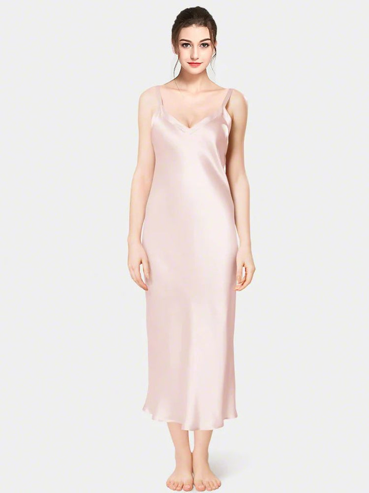 19 Momme Soft V-neck Mid-Length Silk Slip Nightgown with Wide Shoulder Straps
