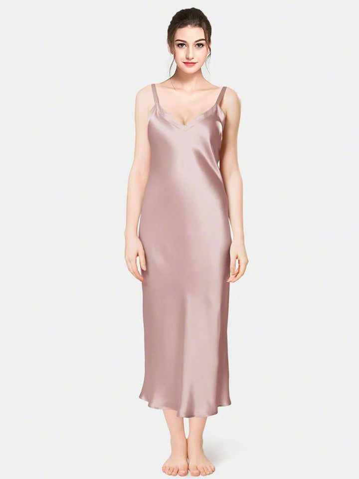 19 Momme Soft V-neck Mid-Length Silk Slip Nightgown with Wide Shoulder Straps