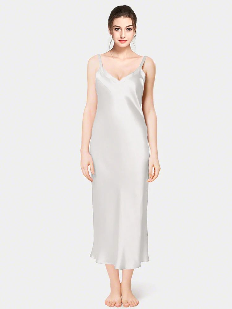 19 Momme Soft V-neck Mid-Length Silk Slip Nightgown with Wide Shoulder Straps