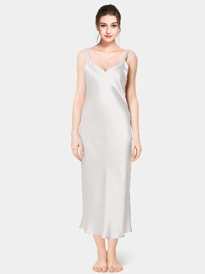 19 Momme Soft V-neck Mid-Length Silk Slip Nightgown with Wide Shoulder Straps