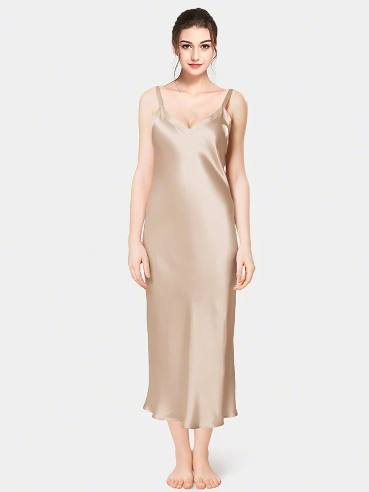 19 Momme Soft V-neck Mid-Length Silk Slip Nightgown with Wide Shoulder Straps