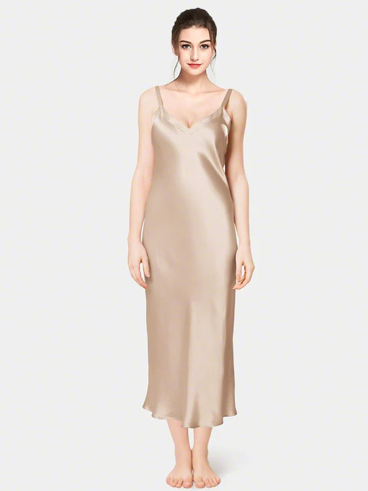 19 Momme Soft V-neck Mid-Length Silk Slip Nightgown with Wide Shoulder Straps