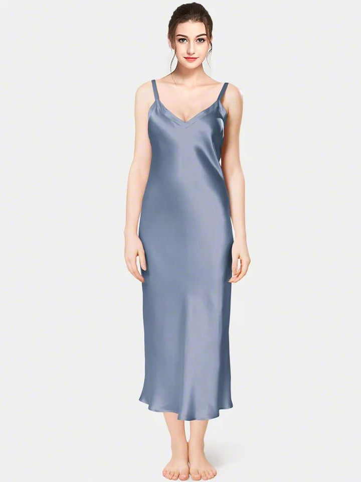 19 Momme Soft V-neck Mid-Length Silk Slip Nightgown with Wide Shoulder Straps