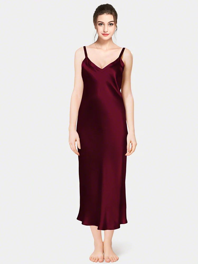 19 Momme Soft V-neck Mid-Length Silk Slip Nightgown with Wide Shoulder Straps