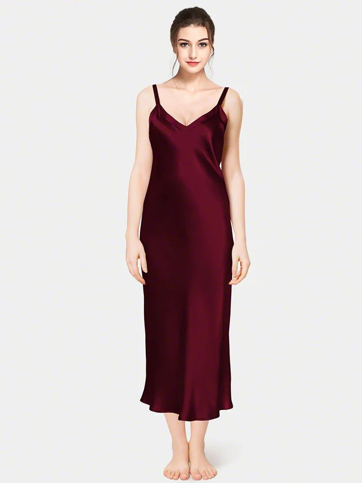 19 Momme Soft V-neck Mid-Length Silk Slip Nightgown with Wide Shoulder Straps