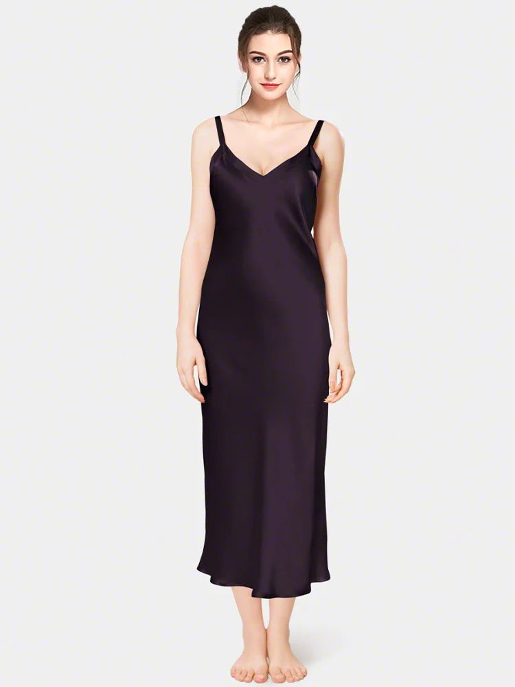 19 Momme Soft V-neck Mid-Length Silk Slip Nightgown with Wide Shoulder Straps