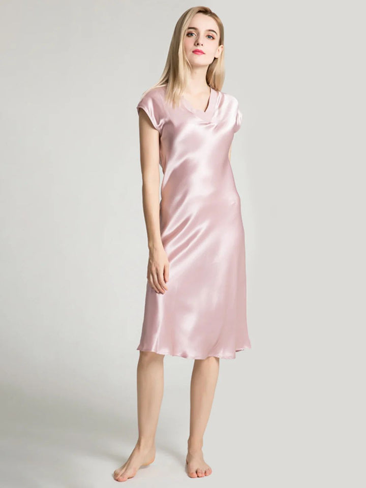 19 Momme Soft V-neck Silk Midi Nightgown with Cap Sleeves
