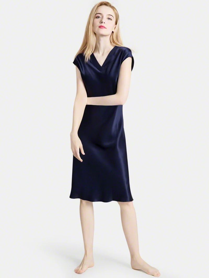 19 Momme Soft V-neck Silk Midi Nightgown with Cap Sleeves