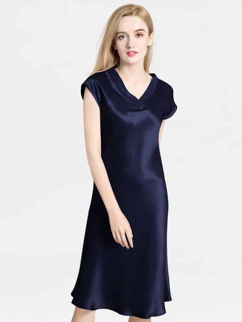 19 Momme Soft V-neck Silk Midi Nightgown with Cap Sleeves
