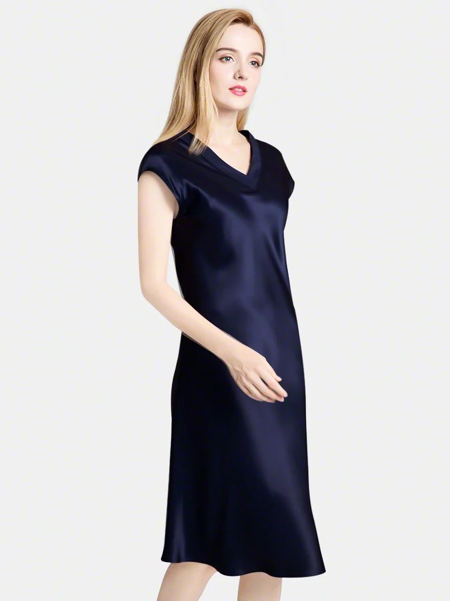 19 Momme Soft V-neck Silk Midi Nightgown with Cap Sleeves