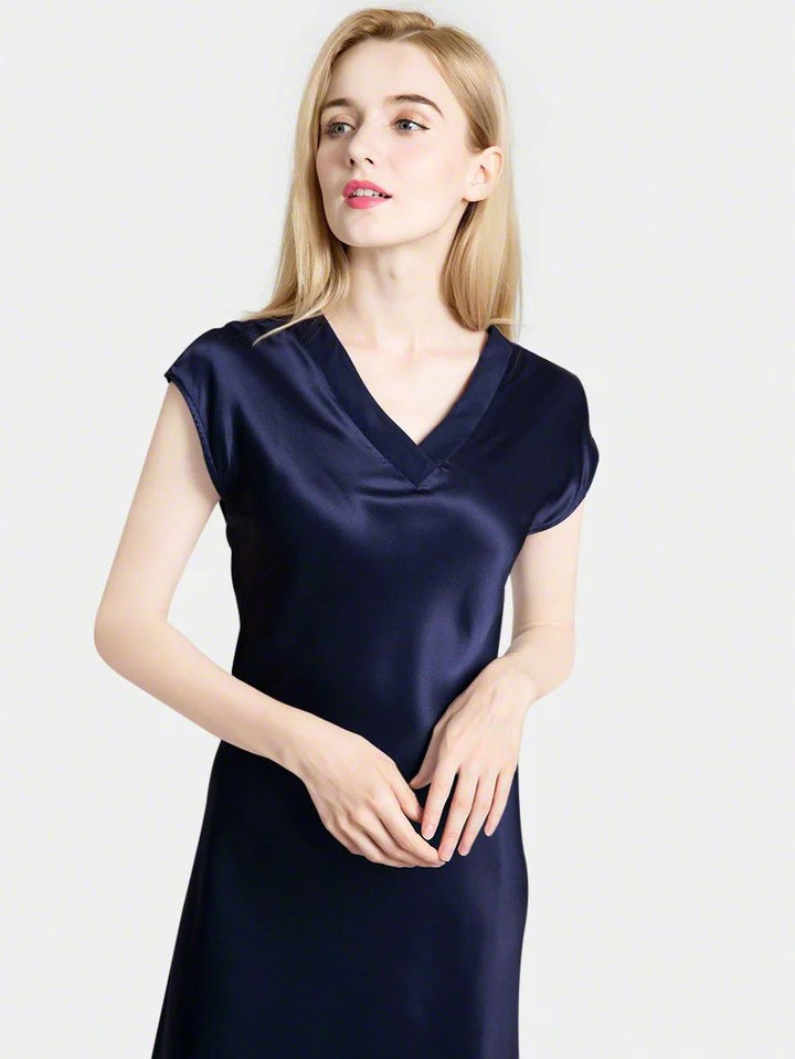 19 Momme Soft V-neck Silk Midi Nightgown with Cap Sleeves