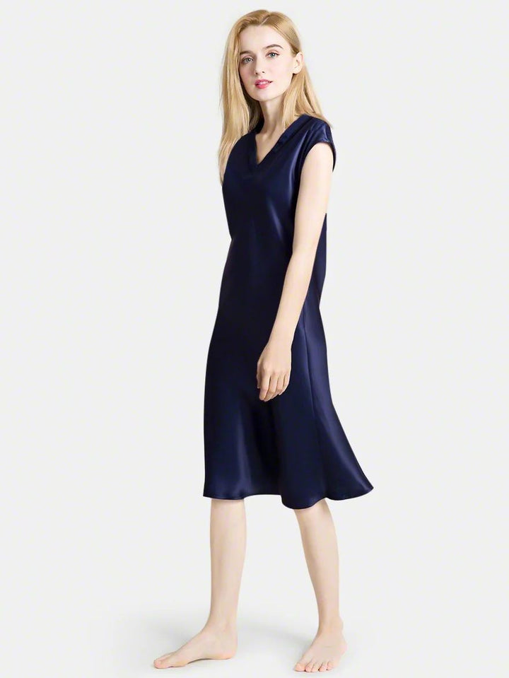 19 Momme Soft V-neck Silk Midi Nightgown with Cap Sleeves