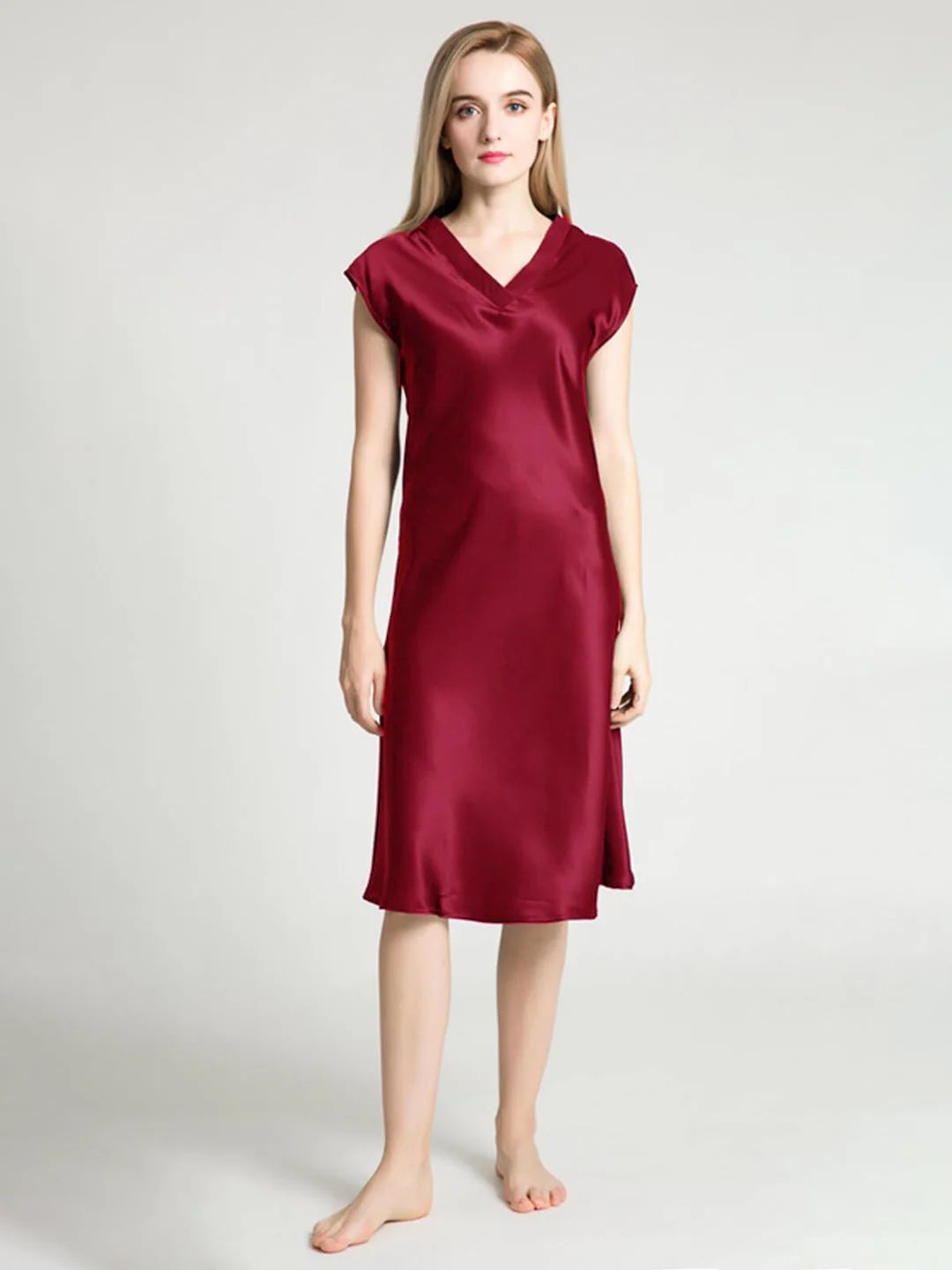 19 Momme Soft V-neck Silk Midi Nightgown with Cap Sleeves