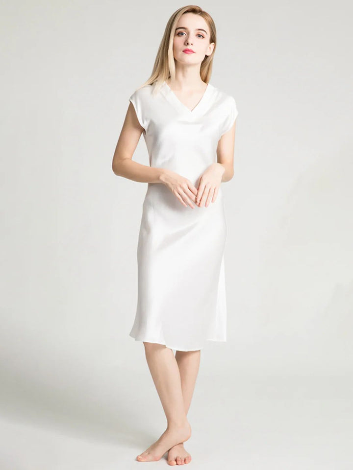 19 Momme Soft V-neck Silk Midi Nightgown with Cap Sleeves