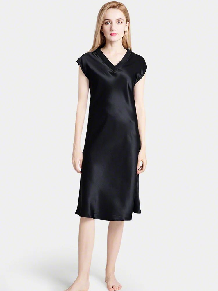 19 Momme Soft V-neck Silk Midi Nightgown with Cap Sleeves