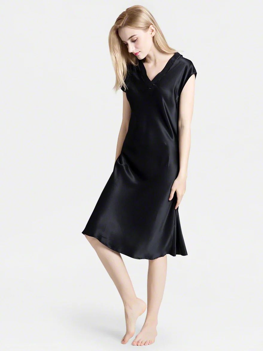 19 Momme Soft V-neck Silk Midi Nightgown with Cap Sleeves