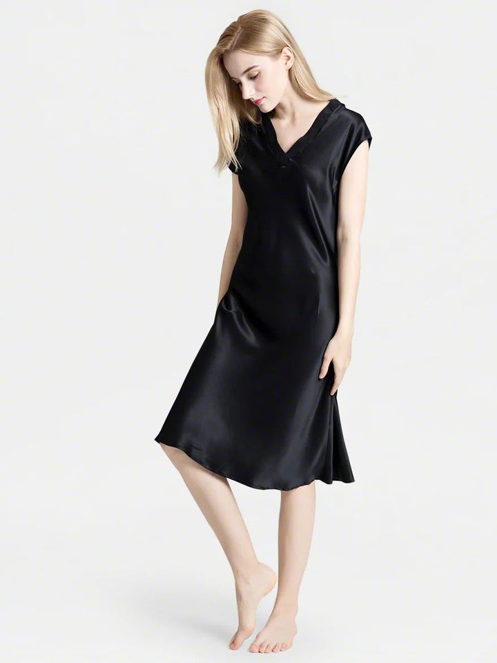 19 Momme Soft V-neck Silk Midi Nightgown with Cap Sleeves