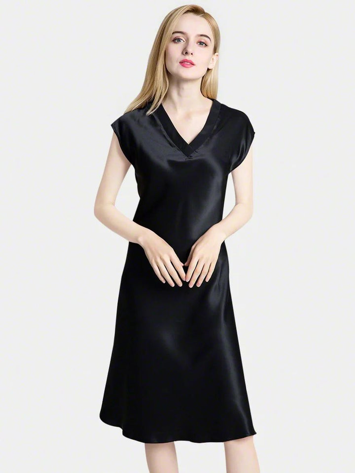 19 Momme Soft V-neck Silk Midi Nightgown with Cap Sleeves
