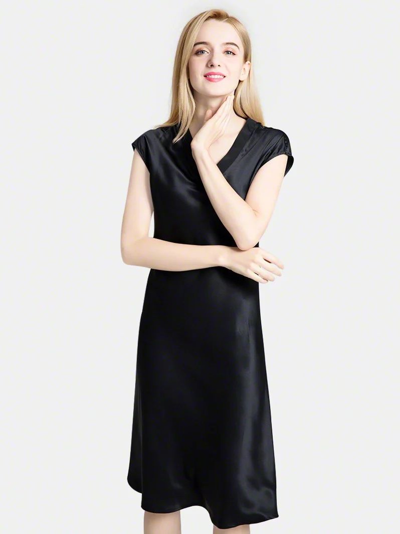 19 Momme Soft V-neck Silk Midi Nightgown with Cap Sleeves