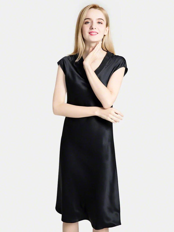 19 Momme Soft V-neck Silk Midi Nightgown with Cap Sleeves
