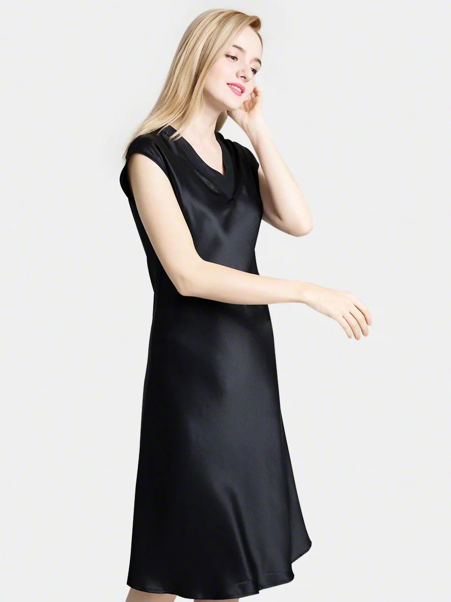 19 Momme Soft V-neck Silk Midi Nightgown with Cap Sleeves