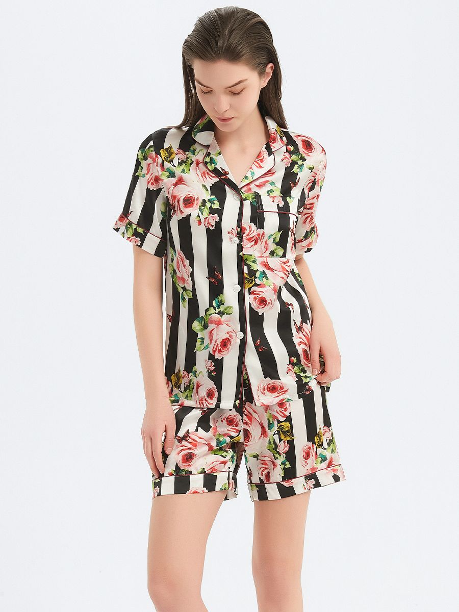 19 Momme Striped Floral 100% Pure Silk Pjs Shorts Set with Contrast Piping