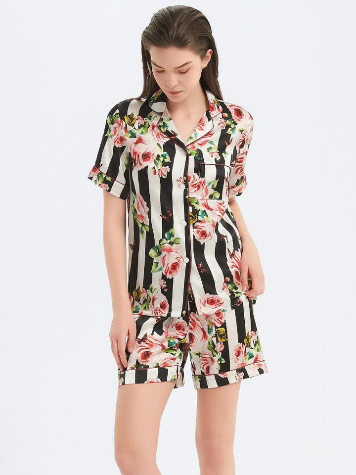 19 Momme Striped Floral 100% Pure Silk Pjs Shorts Set with Contrast Piping
