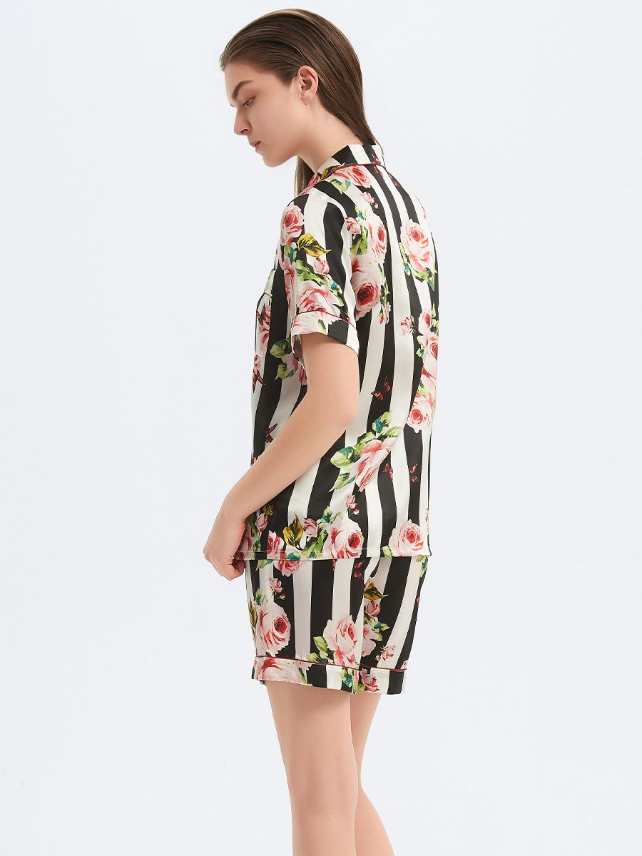 19 Momme Striped Floral 100% Pure Silk Pjs Shorts Set with Contrast Piping