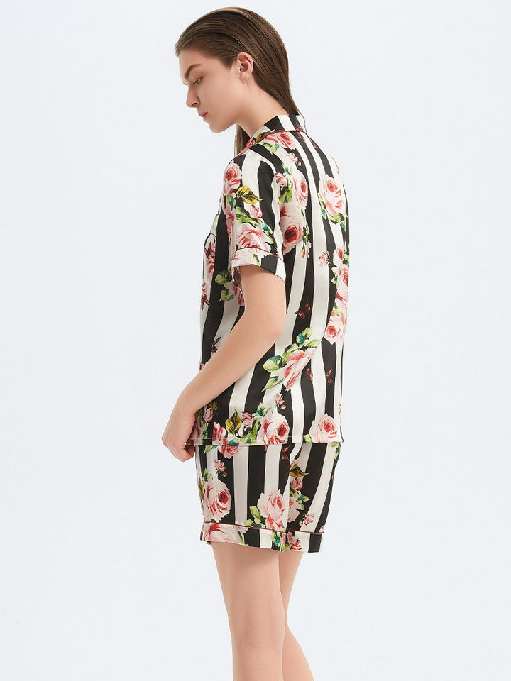 19 Momme Striped Floral 100% Pure Silk Pjs Shorts Set with Contrast Piping