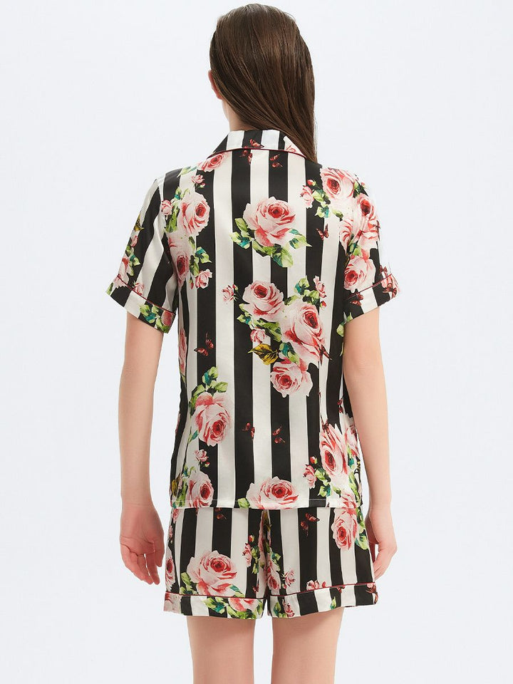 19 Momme Striped Floral 100% Pure Silk Pjs Shorts Set with Contrast Piping