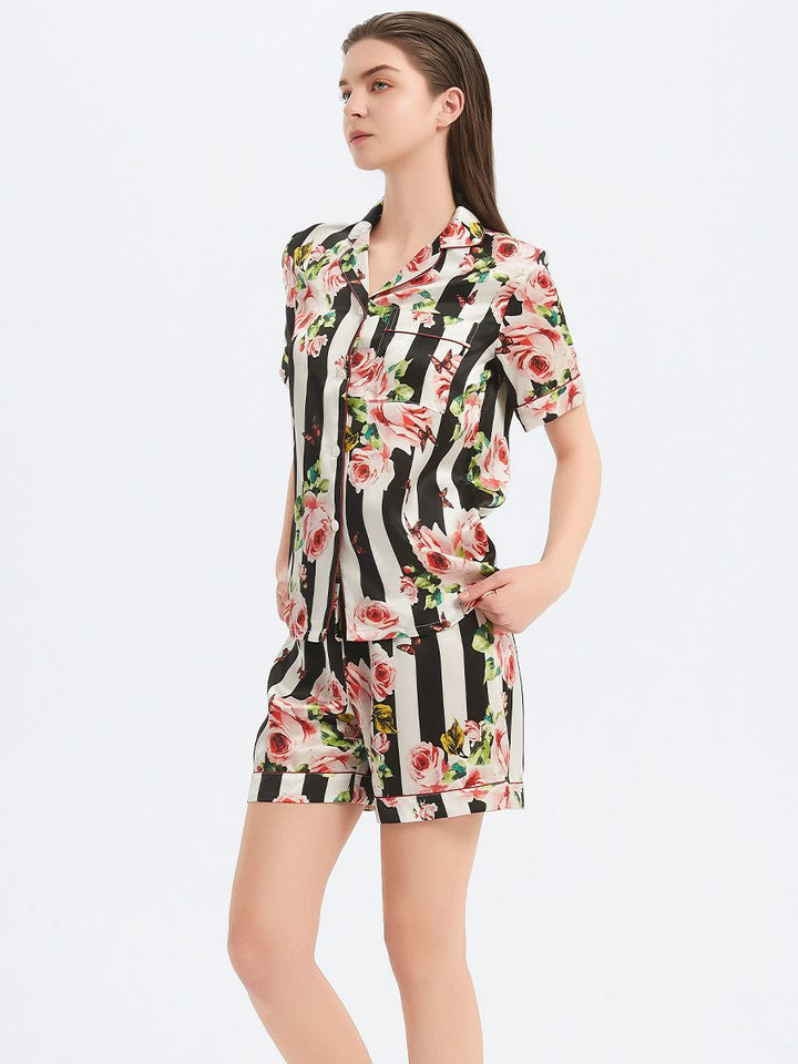 19 Momme Striped Floral 100% Pure Silk Pjs Shorts Set with Contrast Piping