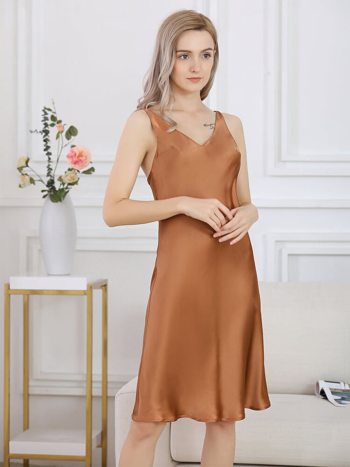 19 Momme V-Neck Double Strap Modern Midi Silk Slip Nightgown