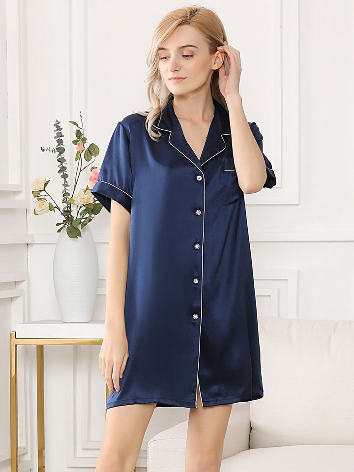 19 Momme Women's Classic Short-Sleeve 100% Silk Nightshirt with Trimming