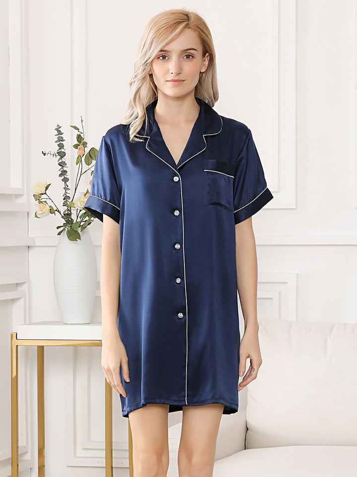19 Momme Women's Classic Short-Sleeve 100% Silk Nightshirt with Trimming