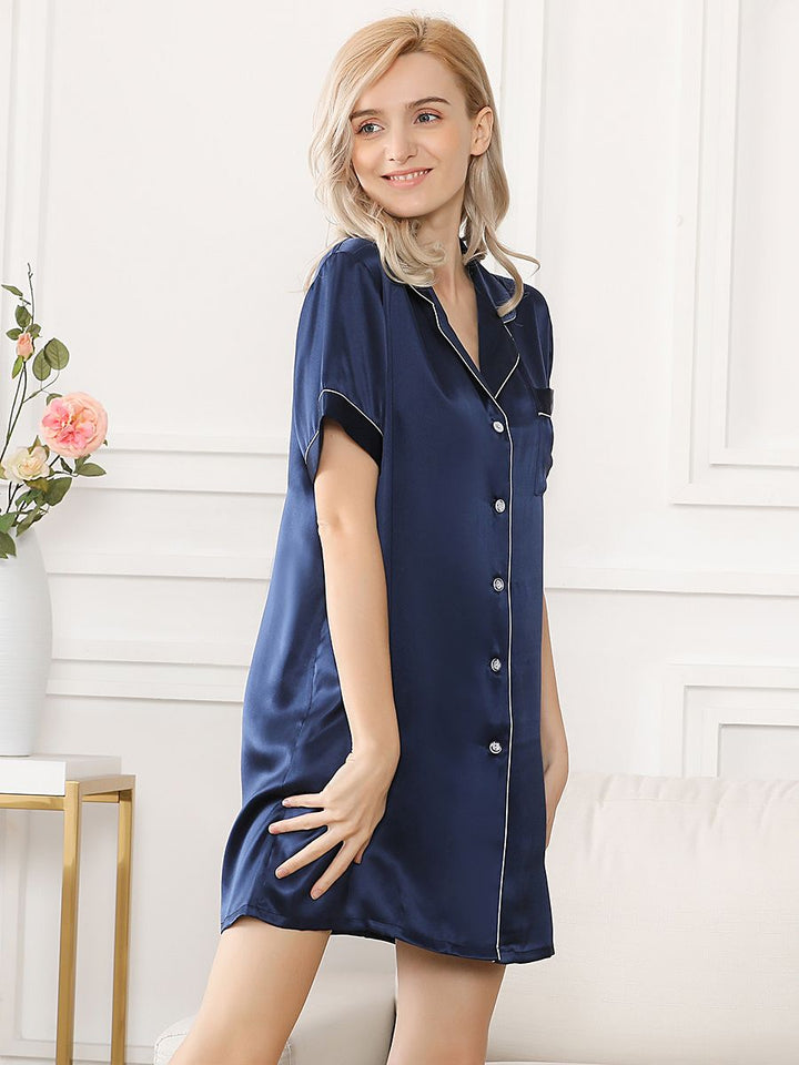 19 Momme Women's Classic Short-Sleeve 100% Silk Nightshirt with Trimming